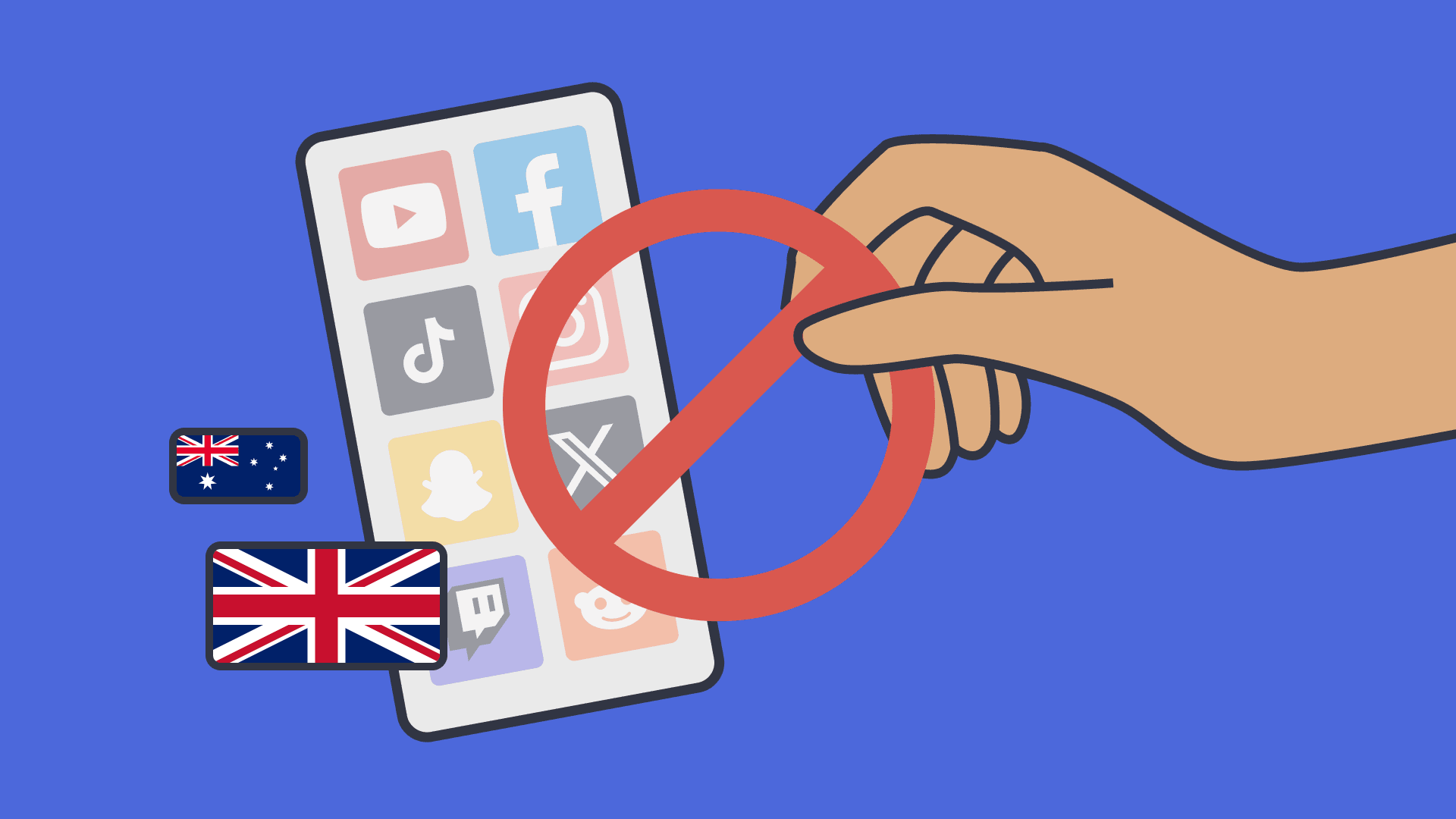Illustration of a smartphone displaying popular social media app icons, including YouTube, Facebook, TikTok, Instagram, X, Snapchat, Twitch and Reddit, partially covered by a red prohibition symbol held by a hand. An Australian flag and a UK flag appear beside the phone, representing social media restrictions in Australia and the United Kingdom. Blue background.