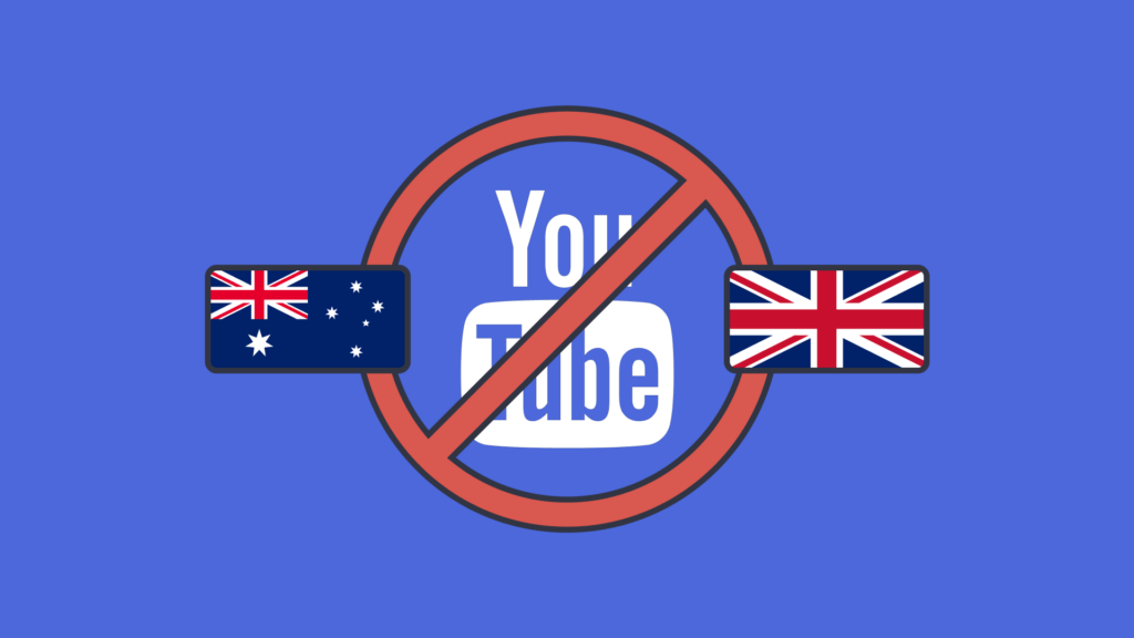 Illustration of a YouTube logo overlaid with a red prohibition symbol, flanked by the Australian and UK flags on a blue background, representing YouTube restrictions or regulation in Australia and the United Kingdom.