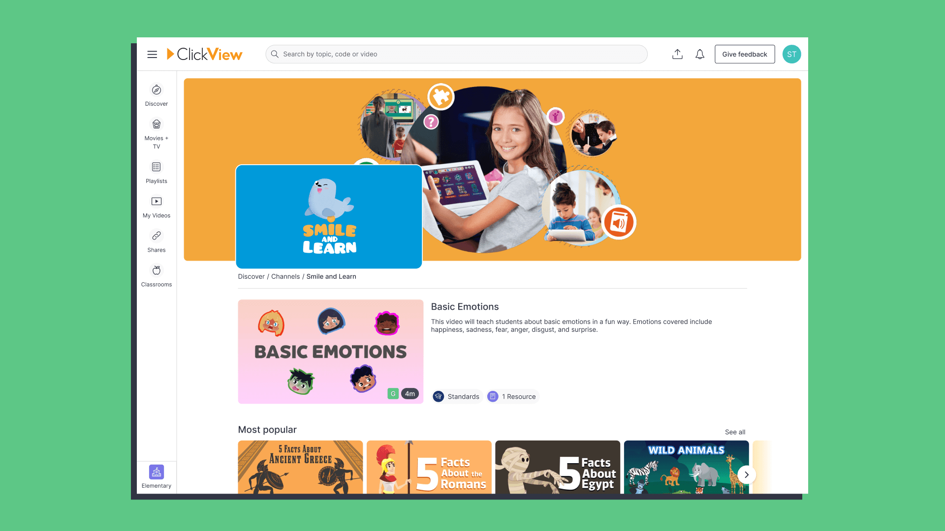 The Smile and Learn featured channel on ClickView, showcasing animated educational videos and resources for primary students.