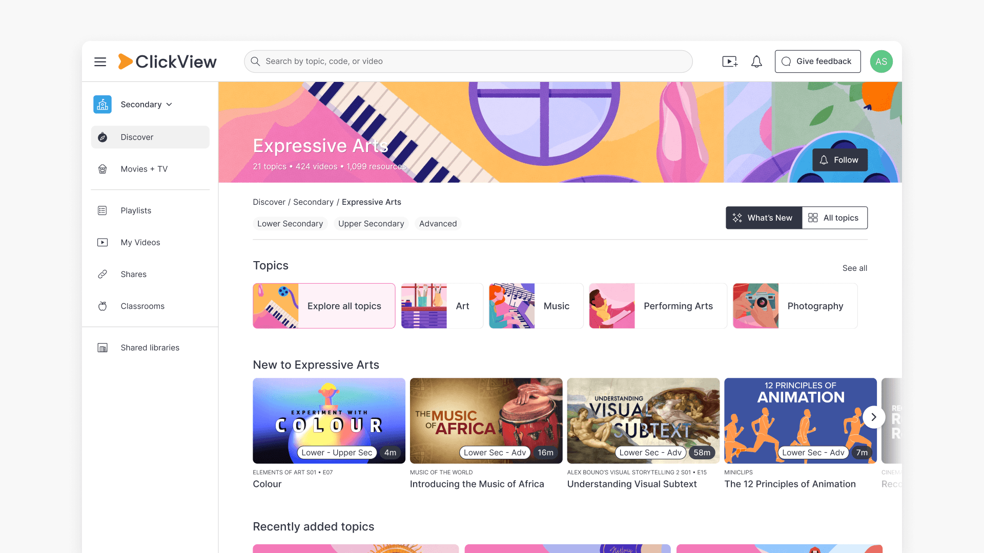 ClickView Arts topic page