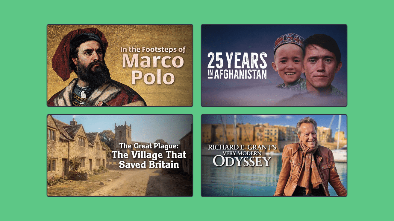 Four rectangle title images of shows