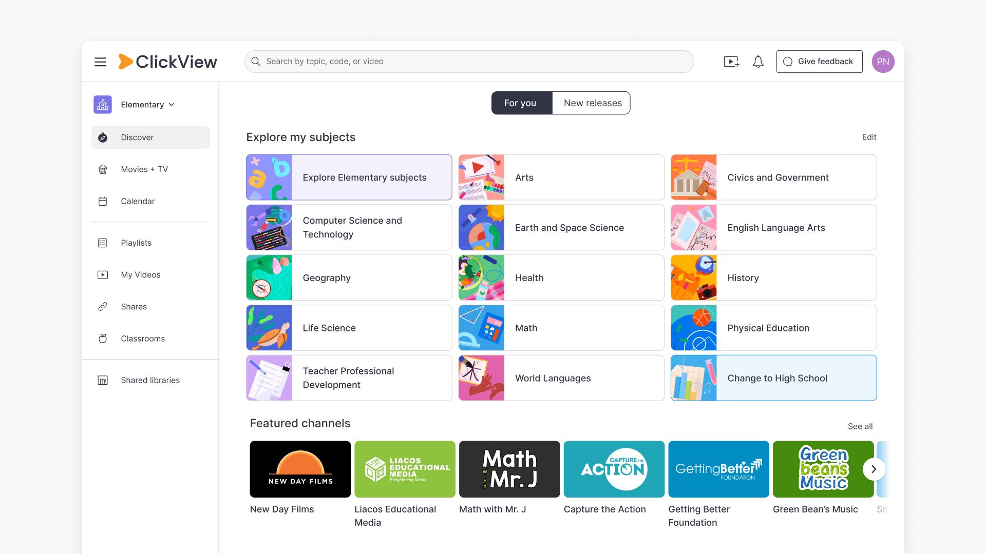 Clickview home page featured channel