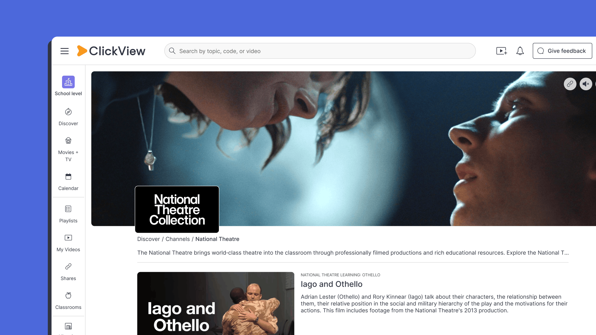 National Theatre Collection page ClickView