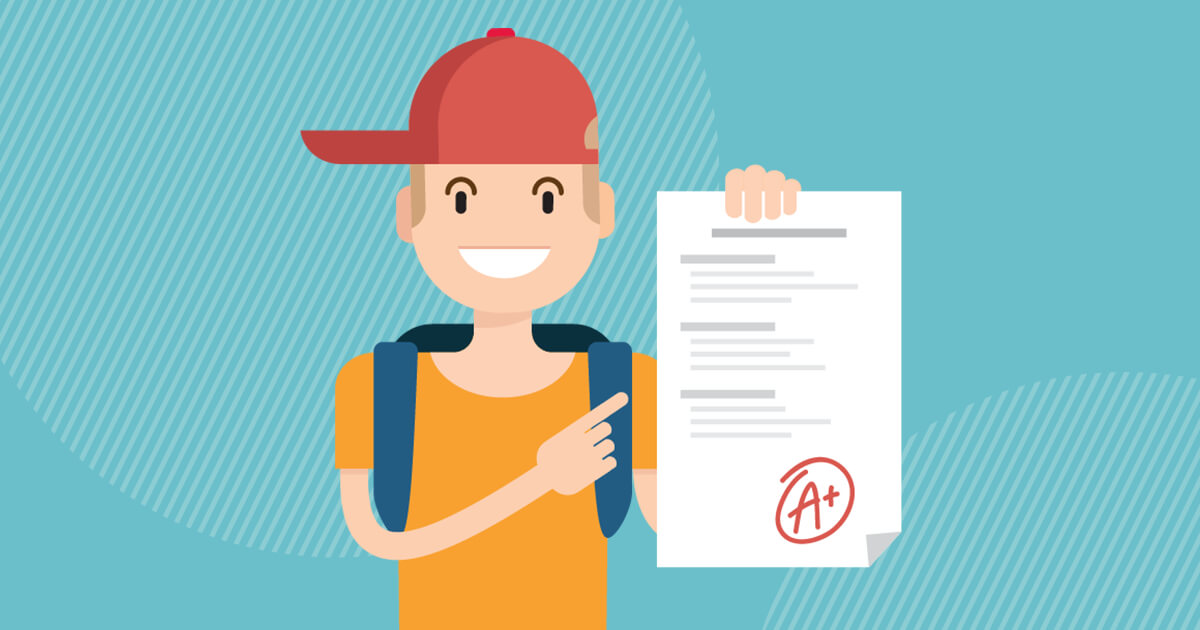 Smiling student holding an A+ graded paper, symbolizing academic success