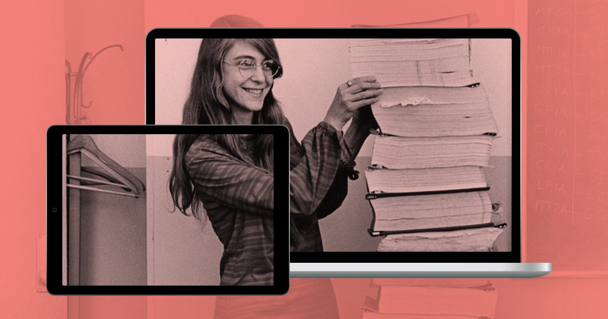 Margaret Hamilton standing beside Apollo code printouts, shown on tablet and laptop screens.