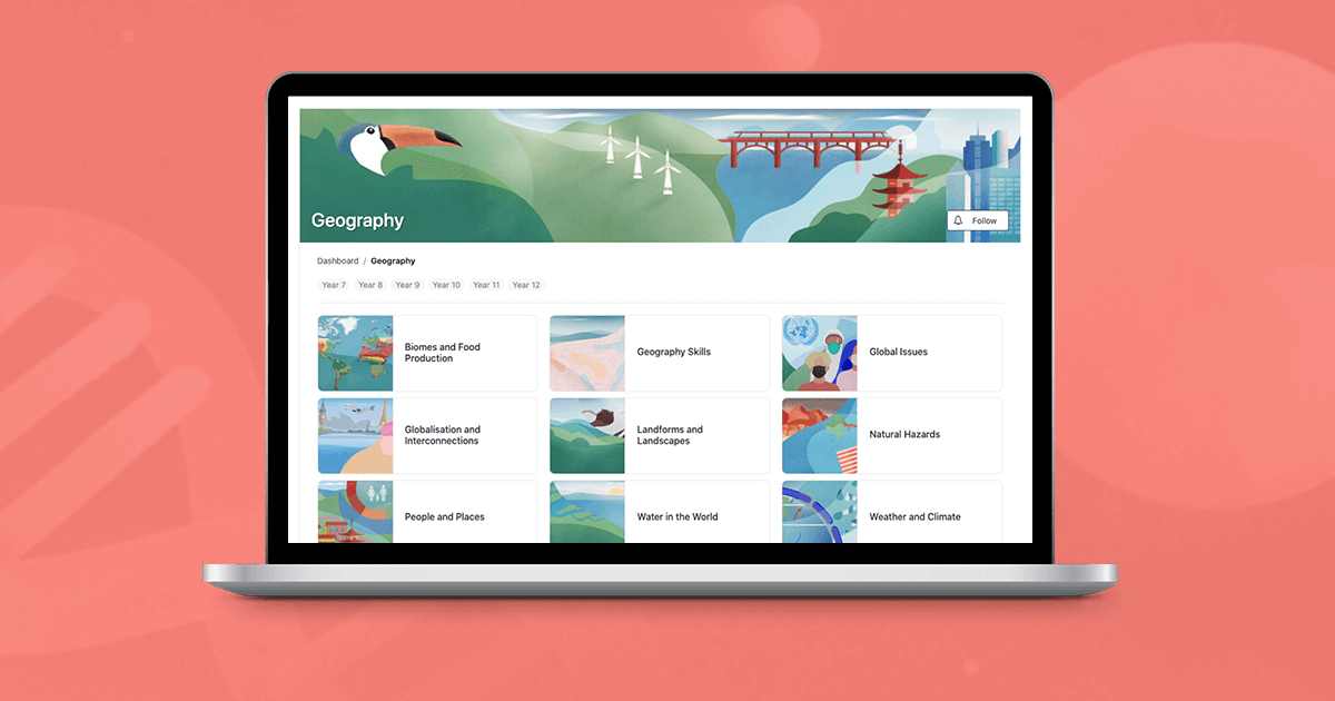 ClickView Geography library on a laptop screen with topics like landforms, climate, and global issues.