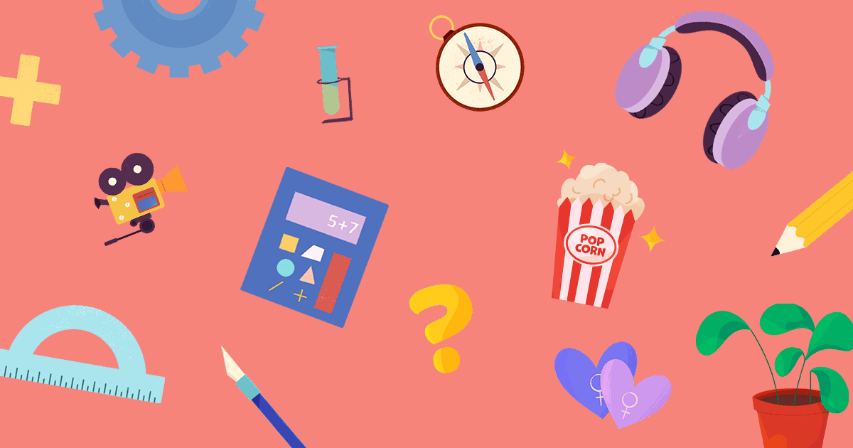 Colorful school-themed icons including calculator, test tube, compass, headphones, popcorn, and protractor on a red background