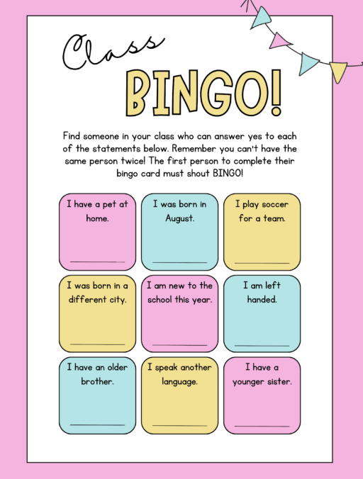 School Activities For Students Bingo