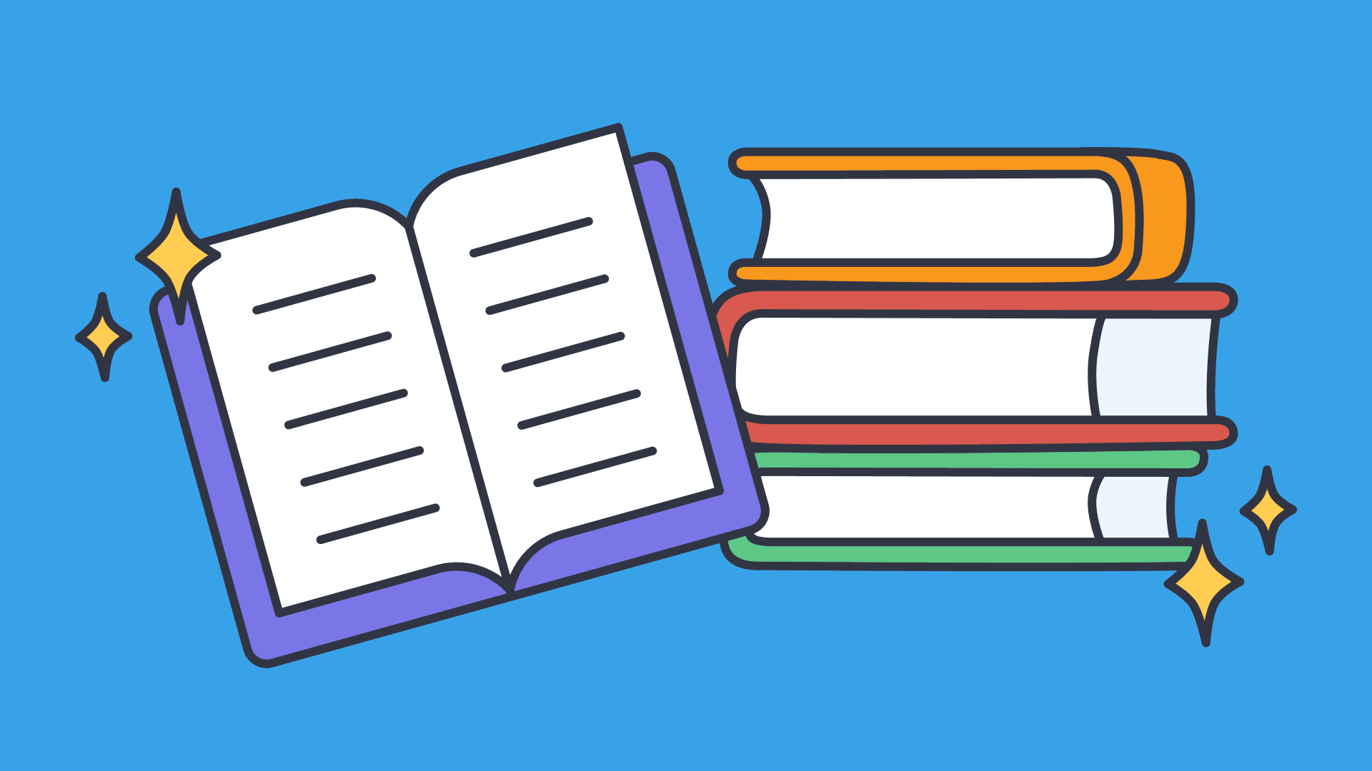 Stack of illustrated books on a blue background