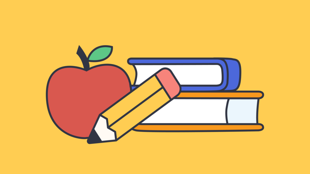 illustration of an apple, pencil and books