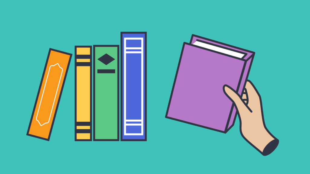 an illustration of a hand picking books from a shelf