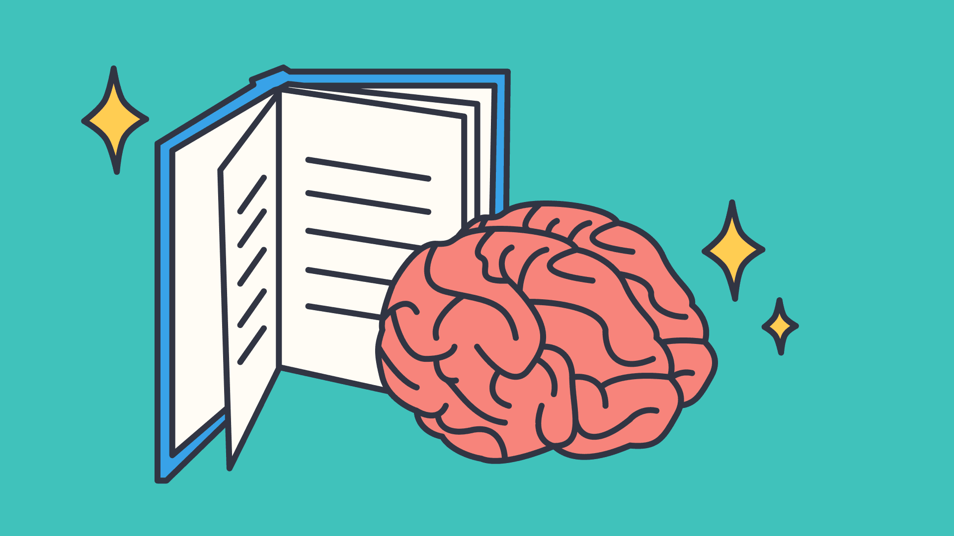 Illustration of a brain beside an open book representing reading and cognitive skills