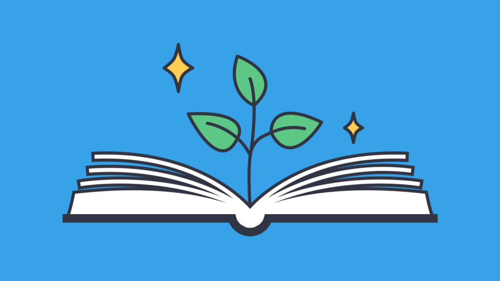 Plant growing from book suggesting learning for the reader