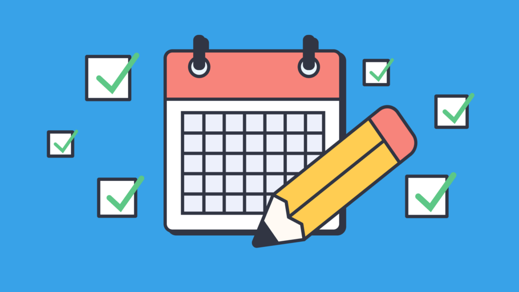 Calendar and pencil graphic with green checkmarks