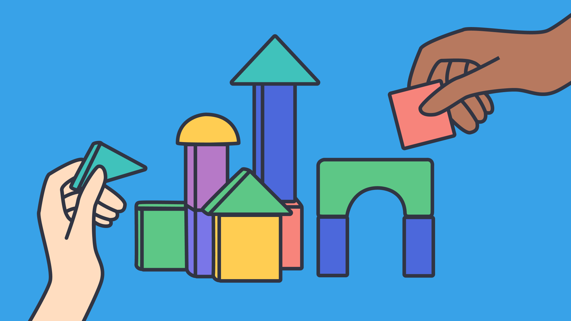 Graphic of colored building blocks with two hands stacking blocks