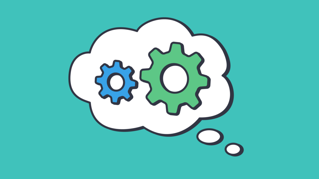 Graphic of a think bubble with gears suggesting thinking