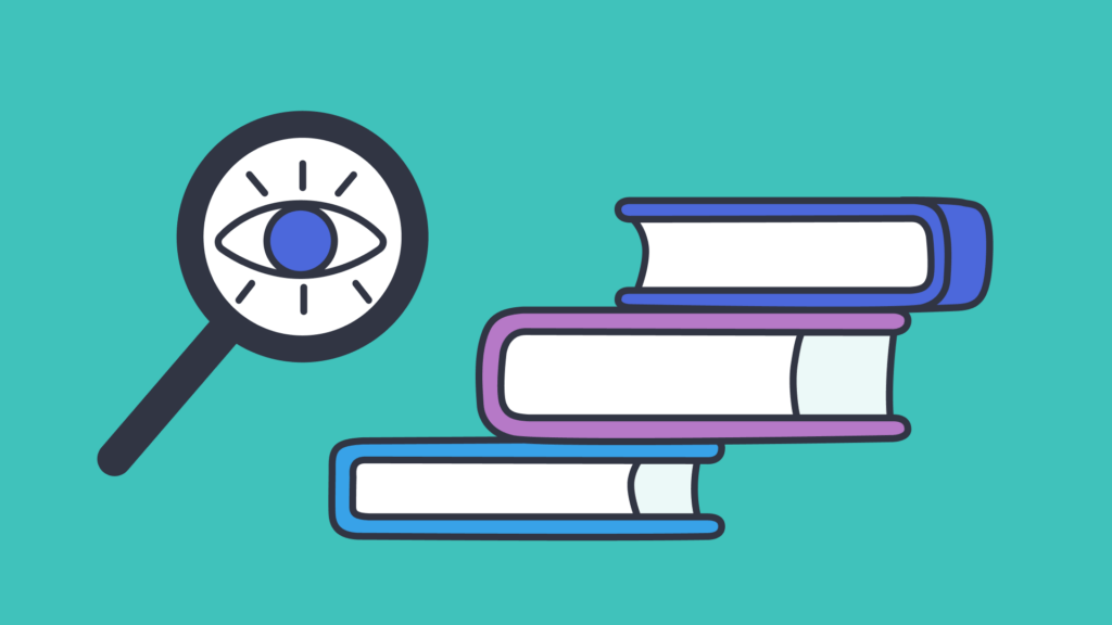 Magnifying glass with an eye and stack of books symbolizing focused learning.