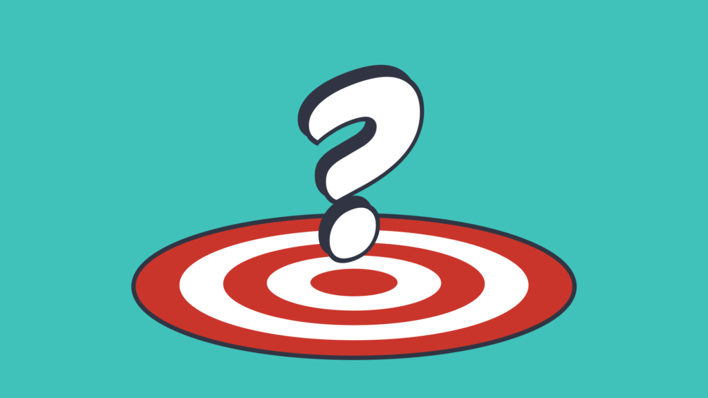Question mark on a red target, representing goal-oriented questioning.