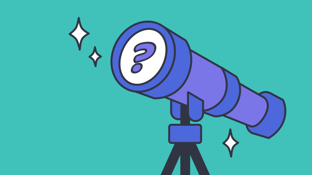 Telescope with a question mark, symbolizing exploration and inquiry.