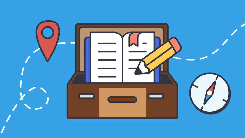 Graphic of a suitcase, a journal, pencil and a compass