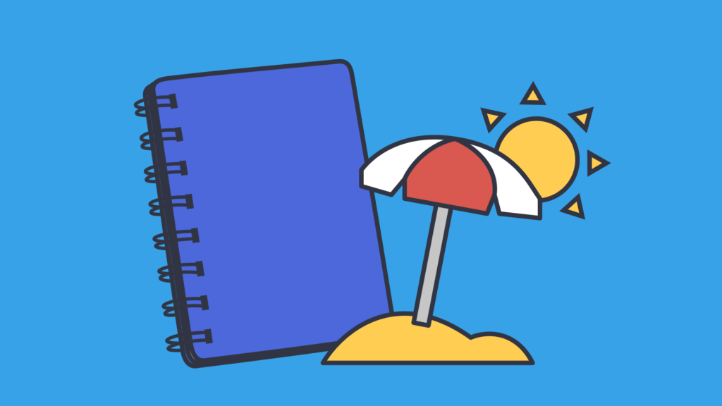 Graphic of a journal, beach umbrella, and sunshine
