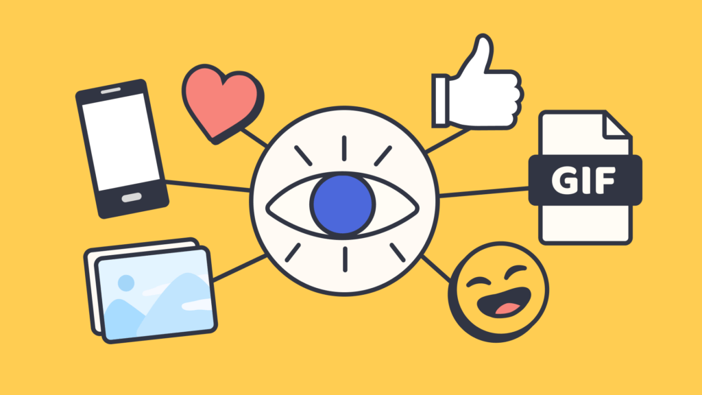 illustration of an eye connected to various emojis and media types