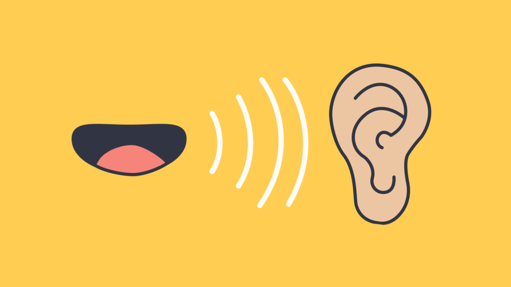 depiction of listening via an illustration of a mouth, ear and sound waves