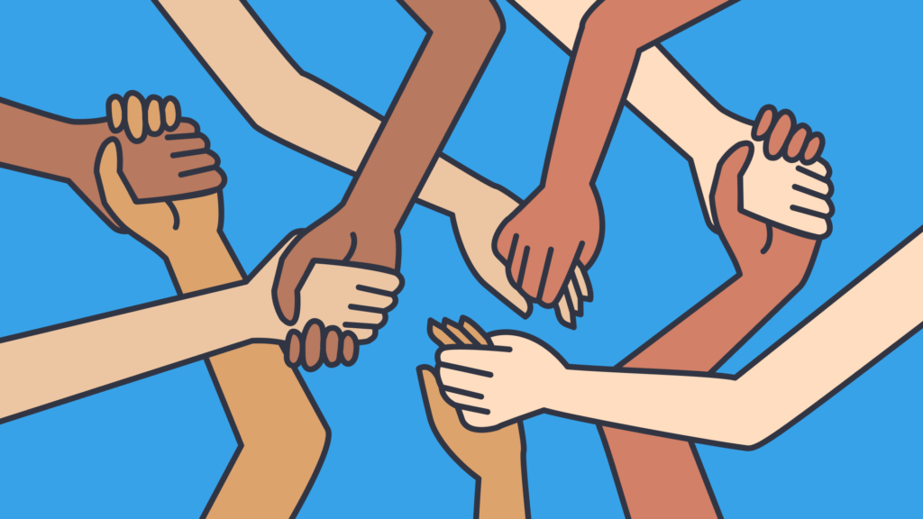 illustration of the human knot with many hands intertwined