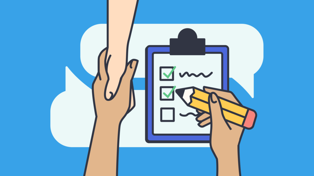 an illustration of two people shaking hands with another hand ticking boxes on a clipboard