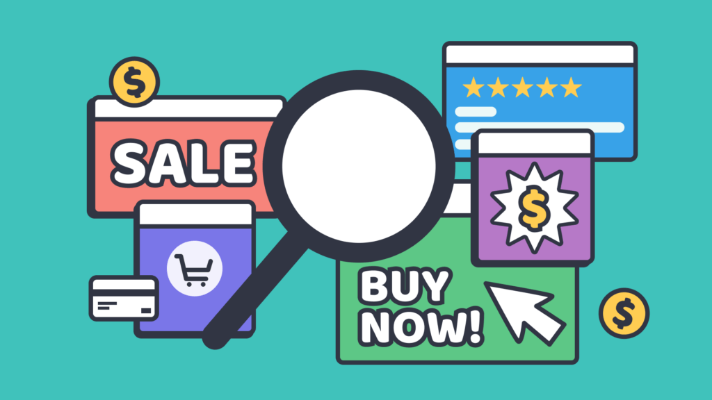 Graphic of different types of advertisements with a magnifying glass