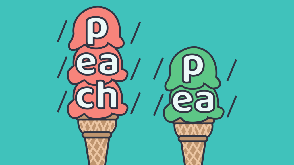 the words 'peach' and 'pea' displayed using ice cream scoops