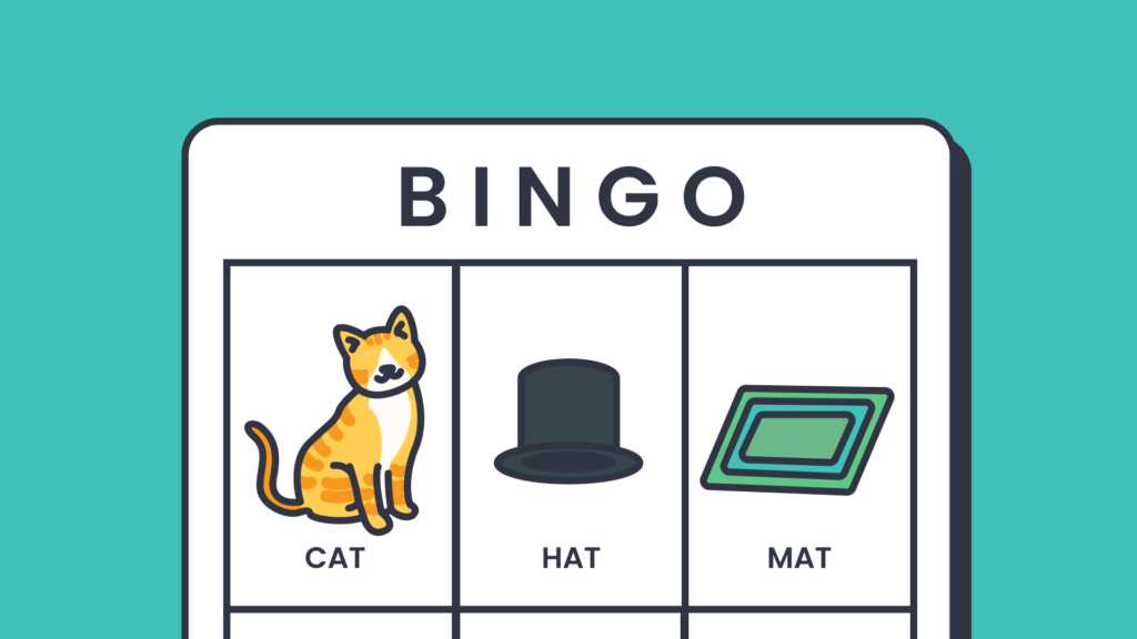 illustrated bingo card with items including a cat, hat and mat