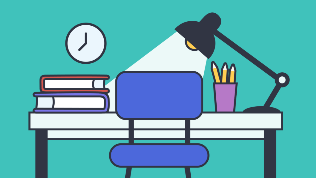 Graphic of student's study desk, chair, textbooks and desk lamp