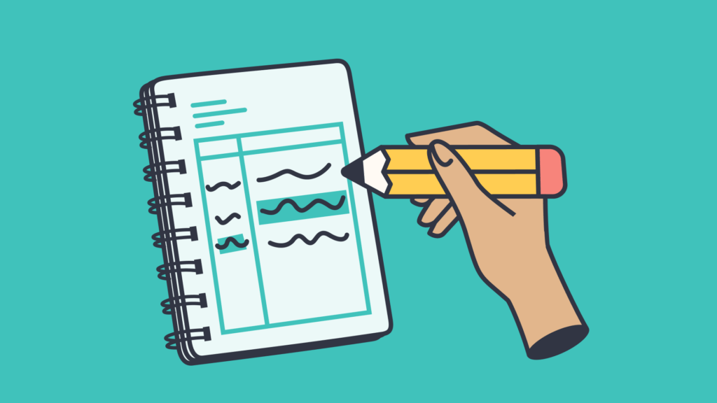 Graphic of a hand and pencil writing on a notepad