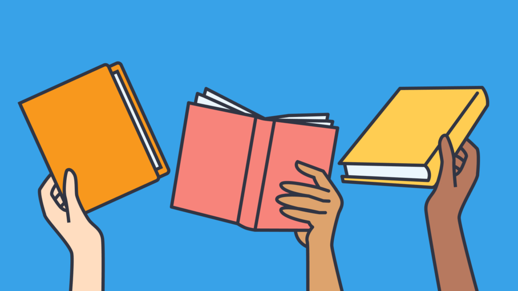 hree hands holding colorful books to symbolize collaborative learning