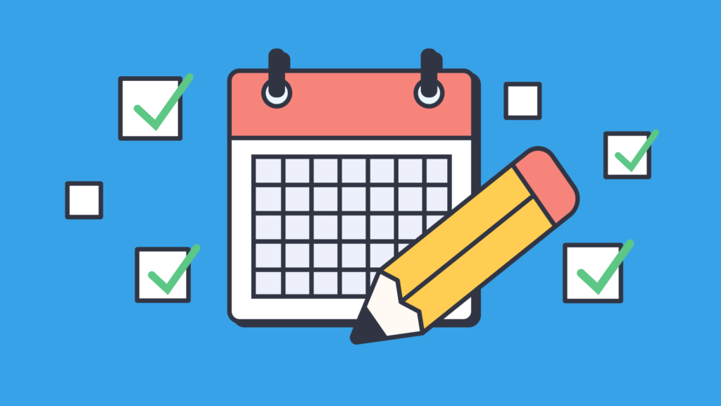 A calendar and pencil surrounded by checkmarks, representing personalized planning.