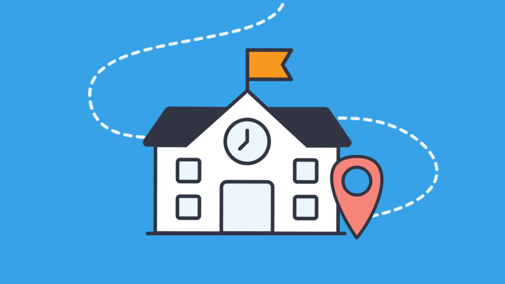 Illustration of a school building with a location pin and a pathway.