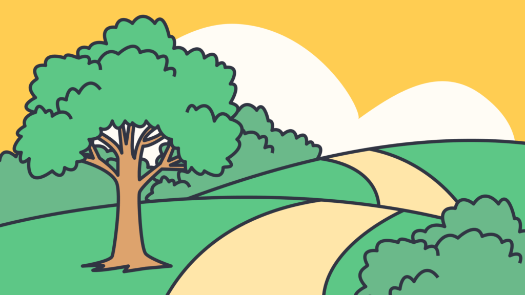 an illustration of the outdoors including a path and large tree