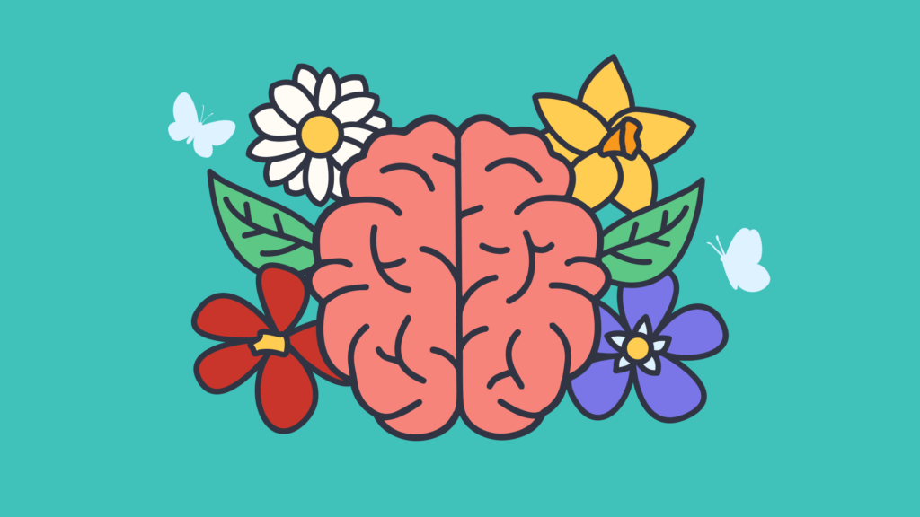 Illustration of a human brain surrounded by colorful flowers and butterflies on a teal background, symbolizing mental health, mindfulness, and positivity.