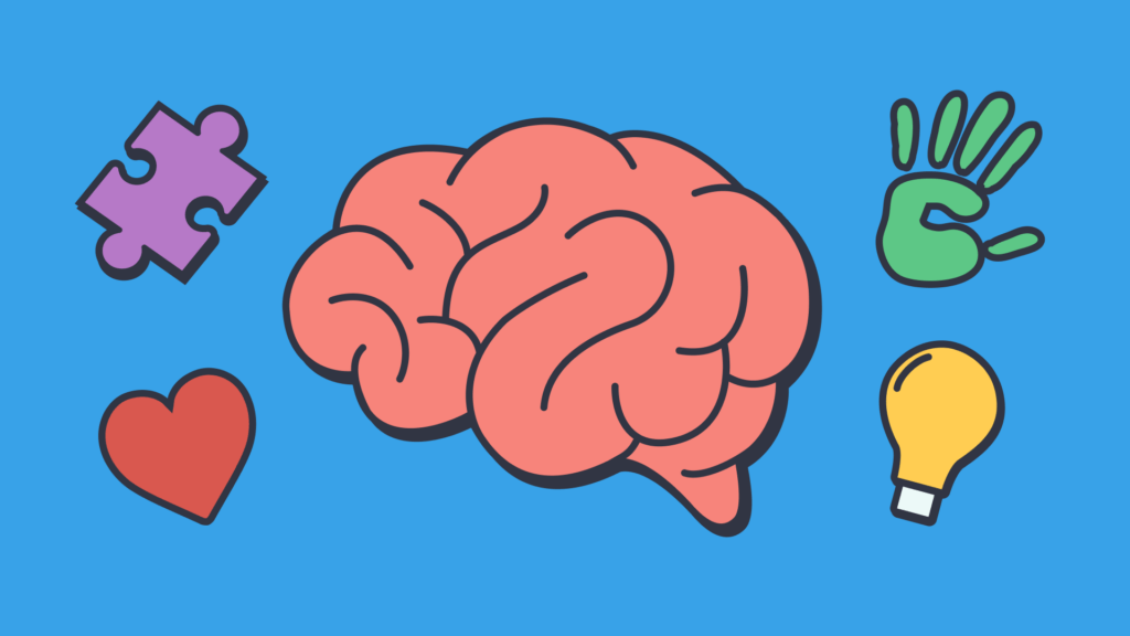Graphic of a brain surrounded by a puzzle piece, heart and lightbulb