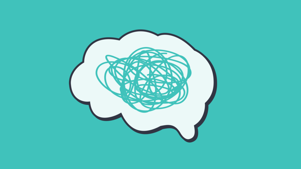 Illustration of a brain with scribbles, showing test anxiety