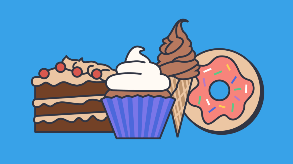 Graphic of cake, cupcake, ice cream cone and donut