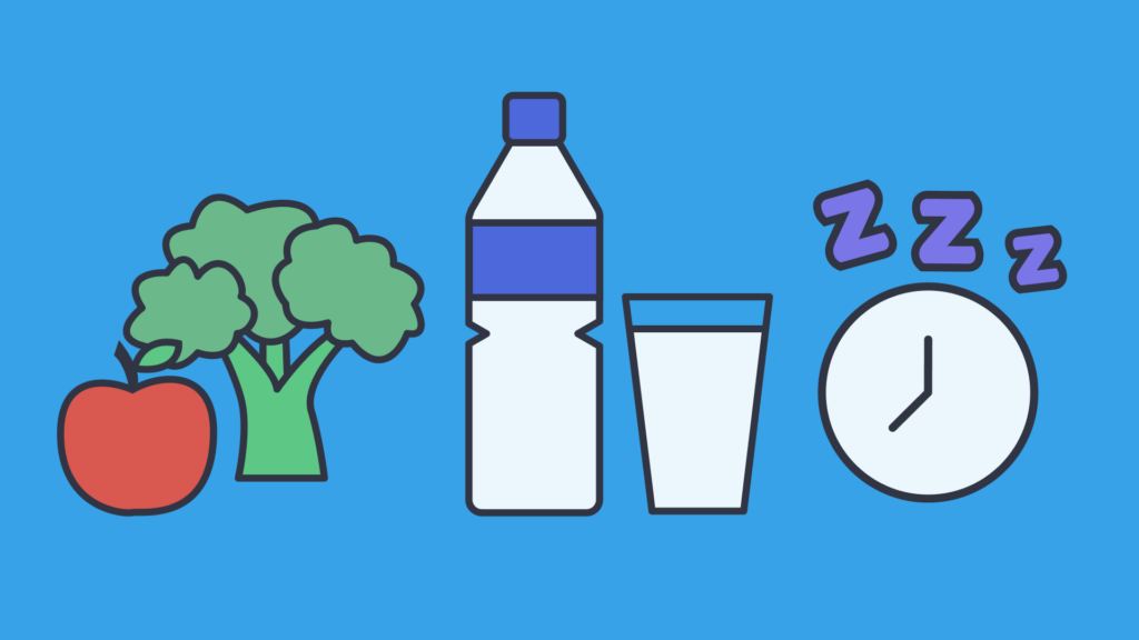Healthy food, water, and a clock symbolizing self-care habits
