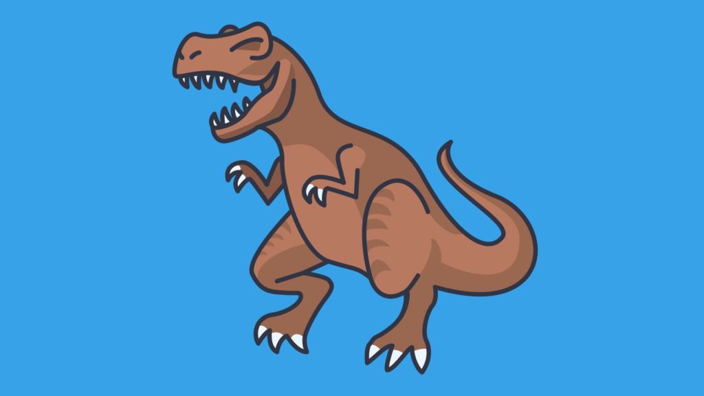 Cartoon T-Rex with sharp teeth on a blue background.