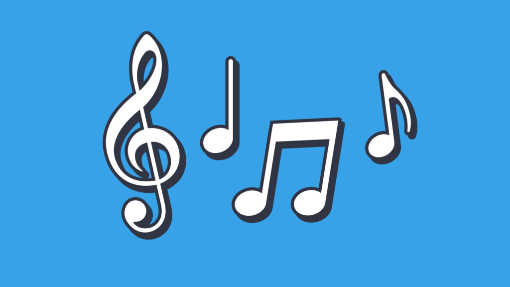 Cartoon musical notes and a treble clef on a blue background.