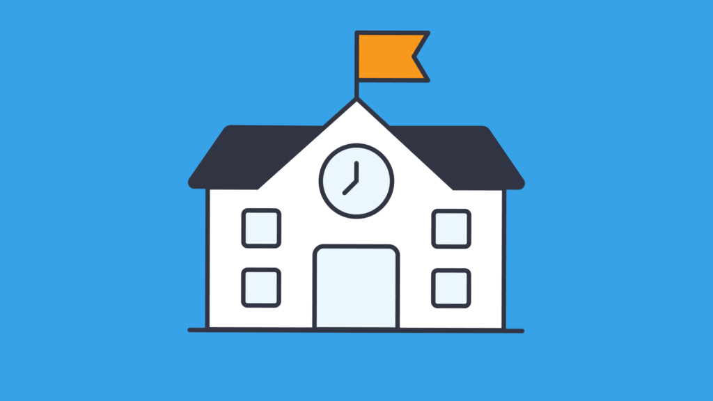 Cartoon school building with a clock and flag on a blue background.