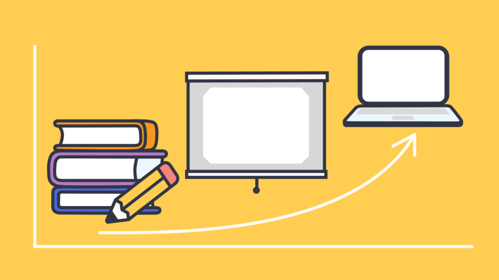 Books, a pencil, a projector, and a laptop illustrating the transition from traditional to digital learning.