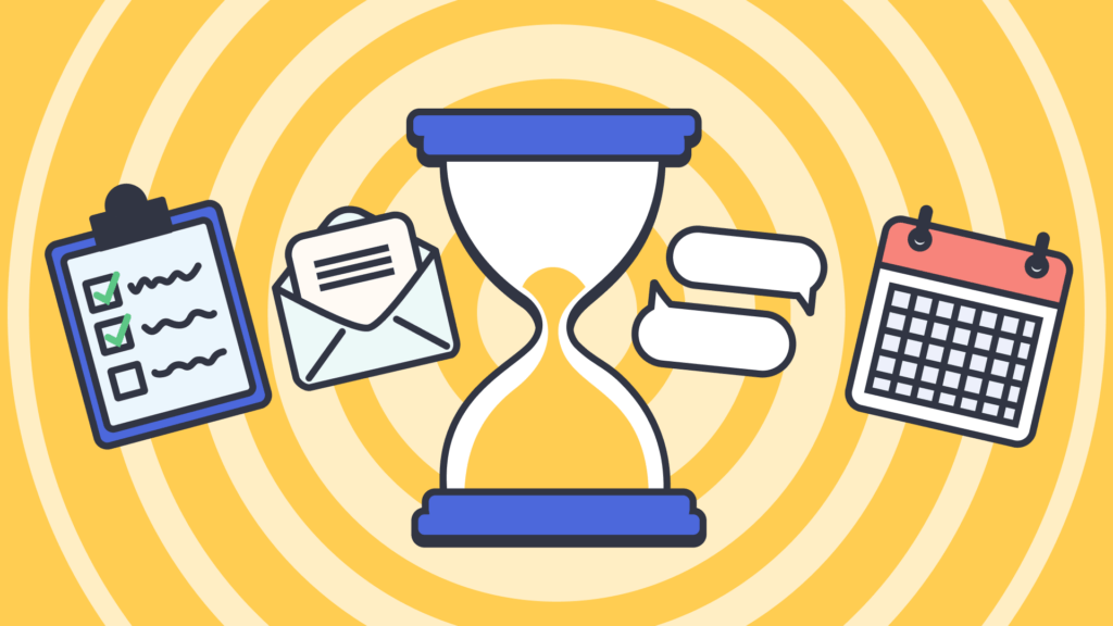 Checklist, envelope, hourglass, speech bubble, and calendar illustrating time management and tasks.