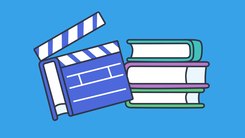 Movie clapperboard and stacked books on a blue background.