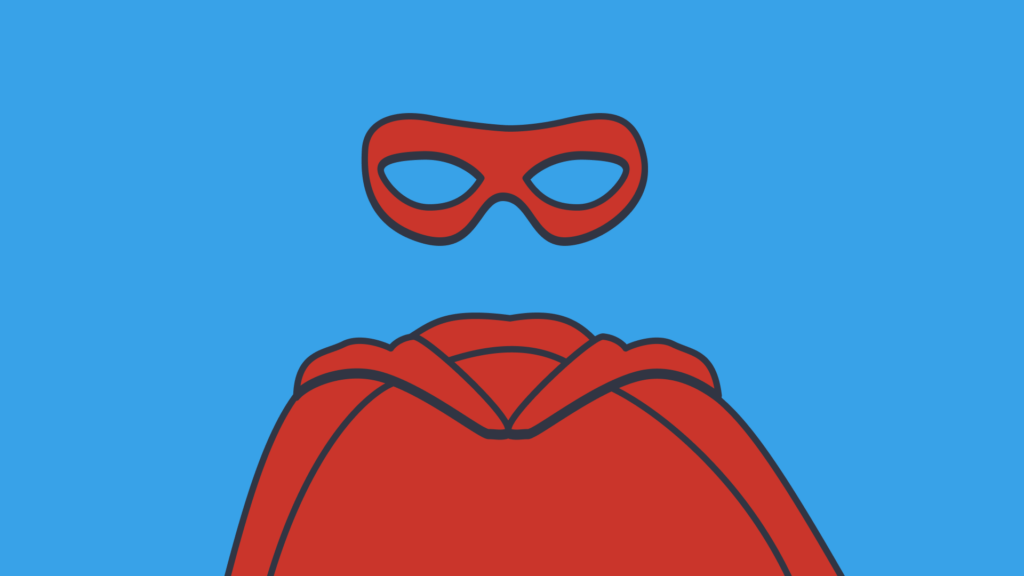 Red superhero mask and cape on a blue background.
